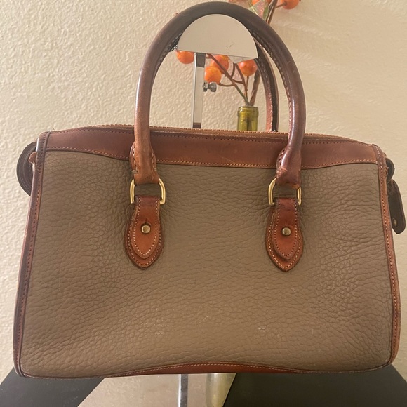 Dooney & Burke Taupe Leather Satchel w/ Cognac Handles & logo charm w/feet - Picture 5 of 6